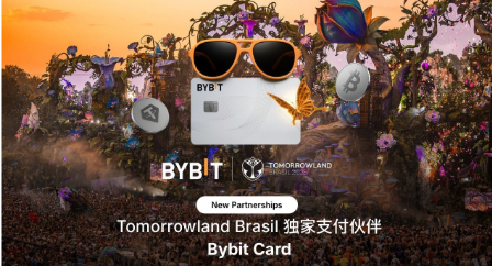 The image features a poster with an advertisement for a new payment method called the @Bybit Card. The card is designed to be used as a credit or debit card, allowing users to make purchases online or at stores using their card information. The poster includes a photo of a crowd of people and sunglasses, which are part of the promotional campaign for the card. The text on the poster indicates that the card has been recently switched from Bitcoin to Bybit Card, and it is now available for use by anyone who wants to make purchases online or in stores using their card information.