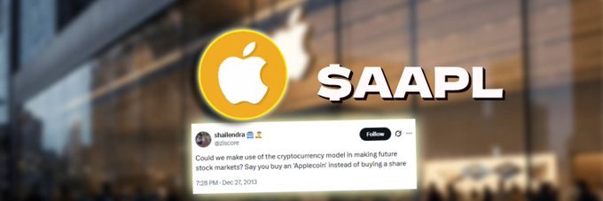 The image features a tweet from "ziscore" dated December 27, 2013, suggesting Apple Inc. ($AAPL) should adopt a cryptocurrency model where investors buy an "Applecoin" instead of traditional stock shares, displayed alongside the $AAPL ticker and Apple logo. The post highlights how this 2013 idea of pairing cryptocurrencies with company stock shares has now become a reality 13 years later.