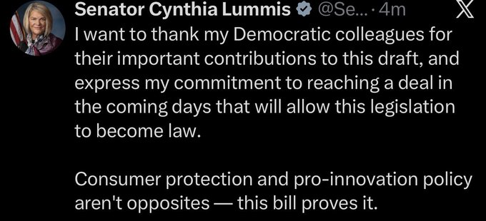 Senator Cynthia Lummis shares a message confirming Democratic approval and her commitment to the CLARITY ACT, stating "Consumer protection and pro-innovation policy aren't opposites—this bill proves it." The image shows Senator Lummis's official tweet announcing this development.