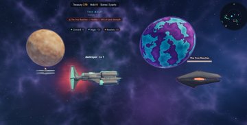 A digital illustration shows various planets, a spacecraft, and text labels set against a purple space background.