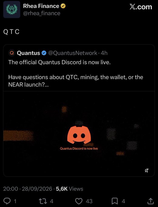 A screenshot of an X post by Rhea Finance (@rhea_finance) featuring a quote tweet of a post by Quantus (@QuantusNetwork) announcing 'The official Quantus Discord is now live.' with a date of 28/09/2026.
