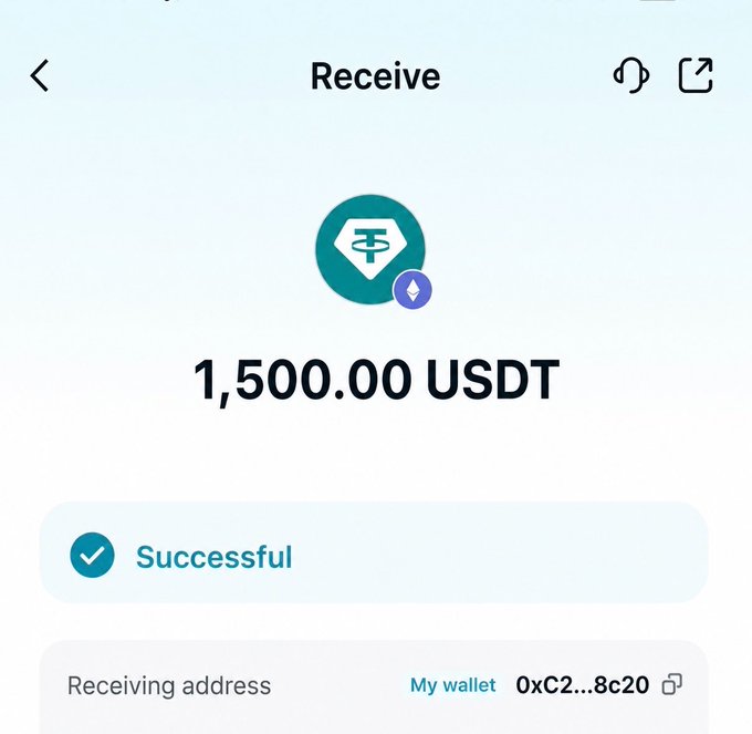 A mobile wallet interface confirms a successful receipt of 1,500.00 USDT on the Tether network to the receiving address starting with '0xC2...8c20'.