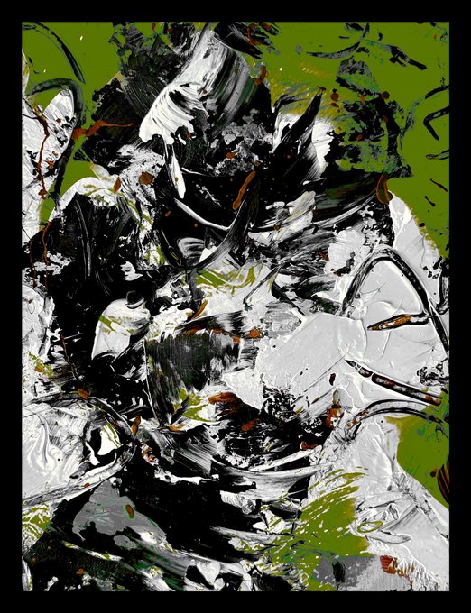 An abstract expressionist painting with thick, textured brushstrokes in black, white, gray, and green colors, framed in black.