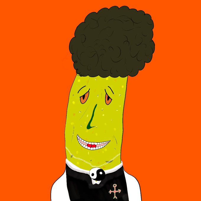 An illustration of a yellow-green pickle character with an afro, a yin-yang necklace, and an anchor tattoo on his chest, set against an orange background.