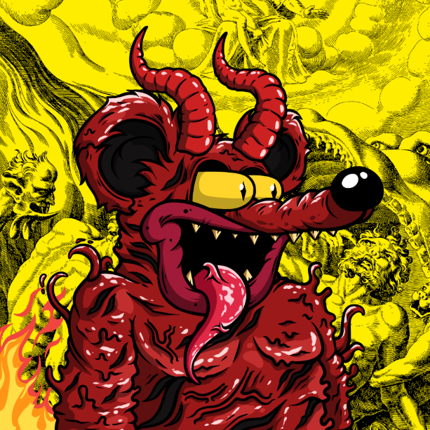 A vibrant cartoon-style illustration of a red demonic dog-like creature with horns, sharp teeth, and a long tongue, set against a chaotic yellow background with sketchy faces.