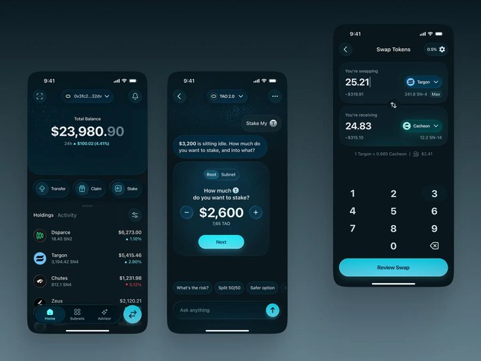 Three cryptocurrency app interface mockups displaying wallet balances ($23,980.90), staking TAO amounts ($2,600), and a token swap screen between Targon and Cacheon.