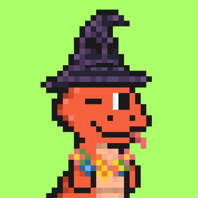 A pixel art illustration shows an orange-skinned character with a long pointed tongue wearing a dark purple witch hat and a colorful beaded necklace against a bright green background.