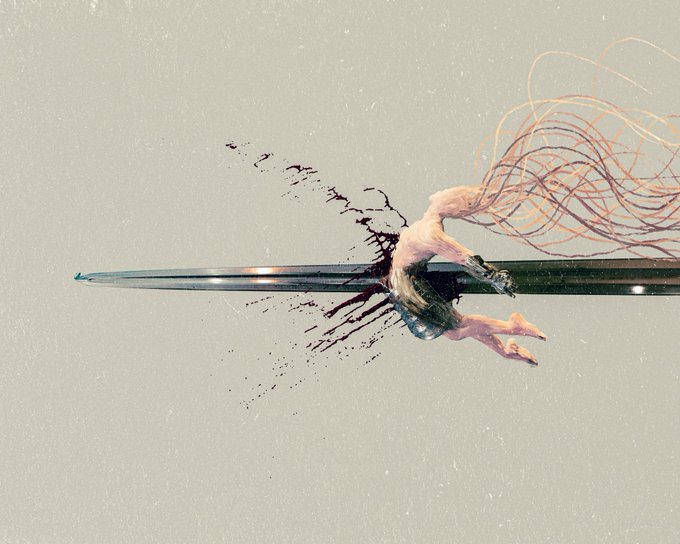 A surreal artistic image showing a figure emerging from or pierced by a horizontal sword, with dark splatters on the left and flowing reddish-orange lines extending to the right against a beige background.