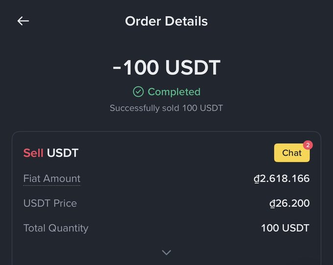 The image displays an app screen that features a bar graph with bars representing amounts of money, showing 100 USDT at top left, 106 USDT on right, and 200 USDT below the graph. There is also a chat window located below the bar graph, possibly for communication purposes. The post, titled "Order details", seems to be related to an activity or process involving USDT transactions, such as buying something, selling USDT, or perhaps converting it into another currency like VND.