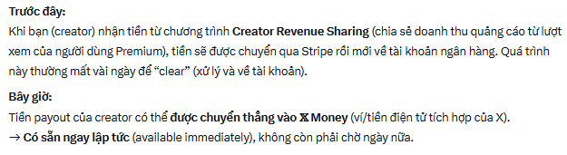 Vietnamese text explaining the change in creator payouts from Creator Revenue Sharing (processed via Stripe, taking days to clear) to being transferred directly to X Money wallet immediately and available instantly.