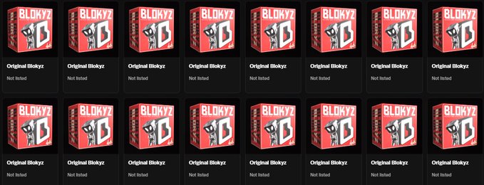 The image displays a grid of 16 identical "BLOKYZ" NFT thumbnails, each labeled "Original Blokyz - Not listed," corresponding to the tweet announcing an upcoming reveal with over $3 million raised in the raffle and 21 hours remaining.