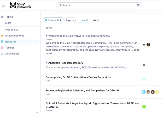 The image shows the Quip Network Research Community forum page, displaying the "Research" category with topics including a welcome post, an "About the Research category" description focused on quantum computing research and PQC discussion, and discussion threads on "Decomposing QUBO Optimization at Vertex Separators" and "Topology Registration, Selection, and Comparison for QPoUW."

This screenshot supports the accompanying post by visually showcasing the active research community at Quip Network, highlighting the forum as a dedicated space where researchers, developers, and node operators engage with quantum computing and post-quantum cryptography topics, including technical discussions like QUBO optimization and QPoUW topology.