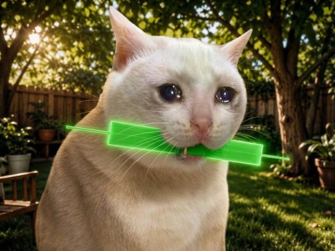 A cream-colored cat in a sunny backyard holds a glowing green laser-like object in its mouth.
