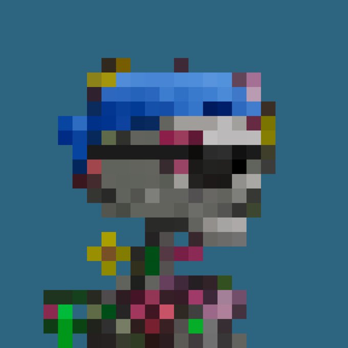 A pixel art profile image of a character with a blue helmet and colorful clothing set against a solid blue background.