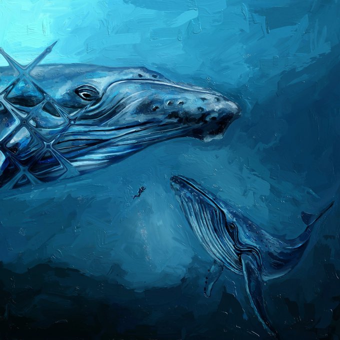 Underwater painting featuring a large whale-like creature with a geometric symbol on its side, accompanied by a smaller whale and a tiny human swimmer below.