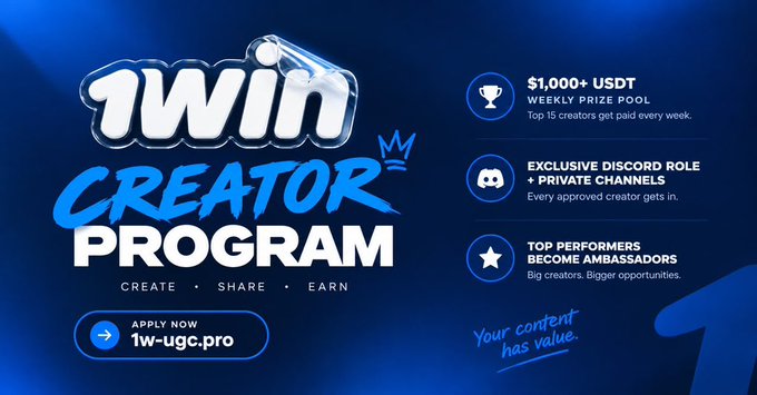 A promotional banner for the "1WIN CREATOR PROGRAM" with the tagline "CREATE • SHARE • EARN", listing benefits like "$1,000+ USDT WEEKLY PRIZE POOL" and "EXCLUSIVE DISCORD ROLE + PRIVATE CHANNELS", directing users to "1w-ugc.pro".