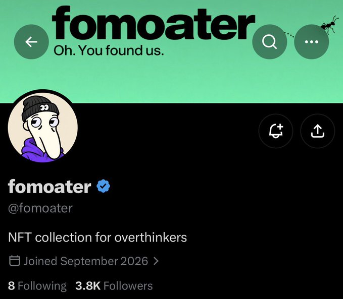 A social media profile page for 'fomoater' (@fomoater) on a green-themed platform, featuring a cartoon avatar and the bio 'NFT collection for overthinkers' with 3.8K followers.