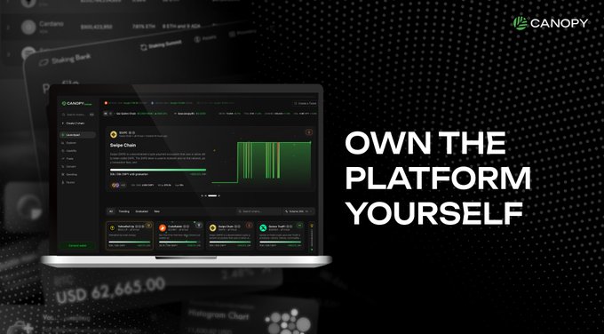 Promotional graphic for Canopy with the text 'OWN THE PLATFORM YOURSELF,' showcasing a laptop displaying the Canopy crypto trading interface.