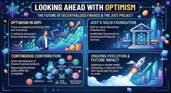 The image is an infographic titled "Looking Ahead with Optimism: The Future of Decentralized Finance & The JUST Project," featuring four panels that highlight Optimism in DeFi, Just's solid foundation built on blockchain infrastructure, continuous contributions through products like stablecoins, loans, yield farming, and decentralized governance, and ongoing evolution with future impact. It visually reinforces the post's message by illustrating how JUST is actively driving long-term value and innovation in the DeFi ecosystem.