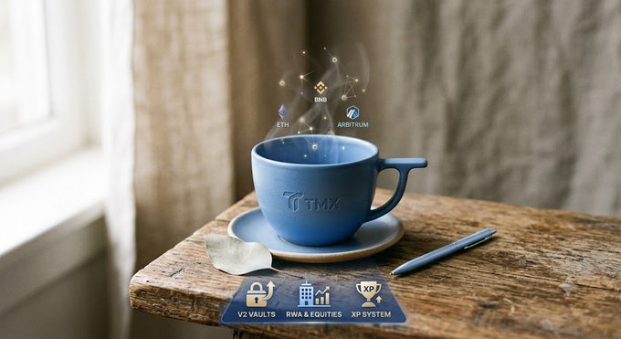 A promotional image for TMX, featuring a steaming blue coffee cup on a wooden table with floating blockchain logos (BNB, ETH, ARBITRUM) and feature labels at the bottom: 'V2 VAULTS', 'RWA & EQUITIES', and 'XP SYSTEM'.