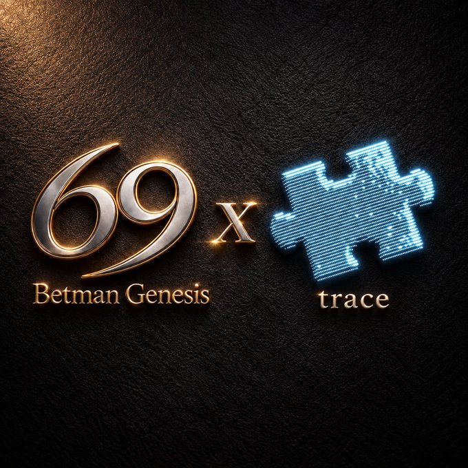 A graphic displaying the logos '69x Betman Genesis' in gold and 'trace' with a blue LED-style puzzle piece logo on a dark leather-textured background.