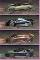 A vertical lineup of four sports cars in cream, silver, copper, and blue color schemes.