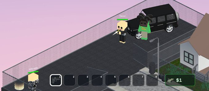 Two pixelated characters stand by a black SUV on a fenced-in street in the retro-styled game BRICKTON, with an inventory bar at the bottom showing "$1" in cash, illustrating the post's claim that big names are running the streets of the BRICKTON world.