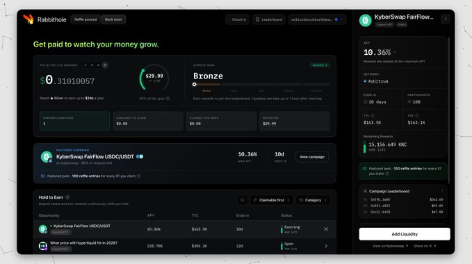 A screenshot of the Rabbithole platform showing the user's KyberSwap FairFlow USDC/USDT campaign on Arbitrum, displaying 30 USDC in earning earnings, a 10.36% APY, and a Bronze tier status with 29.99 points towards 100. The image visually confirms the user's investment in the campaign, showing details like $143.1K TVL, $10.36K remaining rewards, and 10 days left in the Lock-in period.