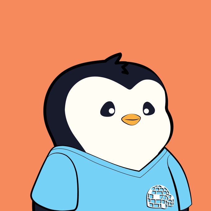 A cartoon penguin mascot with black and white coloring wearing a blue shirt featuring an igloo logo appears on an orange background.

The post appears to announce a purchase of Pudgy Penguin #2381 for 3.820 ETH via Blur, and the cartoon penguin image serves as the iconic visual representation of the Pudgy Penguins NFT collection being traded.