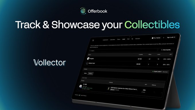 The image shows a tablet computer with an app displayed that has a title of "Vollector" written at the top. The app appears to be related to P2P lending or collection management, as indicated by the text around the app. The main focus is on showcasing and managing one's collection, which can include items like books, movies, or other collectibles.