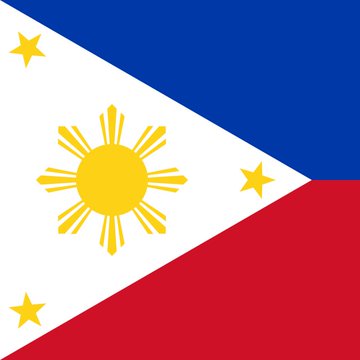 The flag of the Philippines features a white equilateral triangle containing a golden sun with eight rays and three yellow stars, set against blue and red horizontal bands.