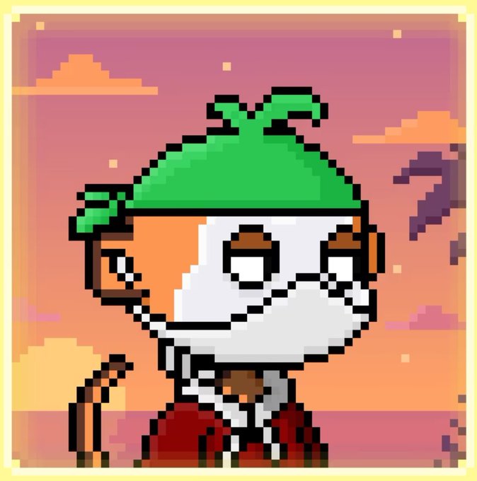 Pixel art character with a green leaf-like hat, white mustache, and red clothing against an orange sunset background.