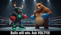 Two cartoon characters, a robot and a bear wearing boxing gloves, face off in a boxing ring with text reading "Bulls will win. Ask VOLTYX!"
