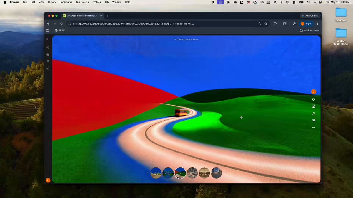 The image shows a computer screen displaying a 3D art piece with a winding road through a green landscape, possibly representing a surreal world or idea. The image also includes text that reads "3D ARTISTS HAVE ALWAYS BUILT WITH GEOMETRY, NOW ALL YOU NEED IS AN IDEA I promoted Gizem Akdag's surreal landscapes into walkable 3D worlds using Mint No Nodes. No Physics." This suggests a connection between the art piece and the idea presented in the image.