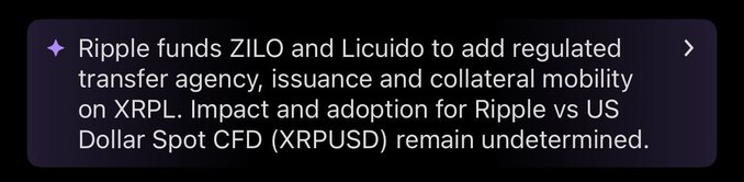A snippet showing news that "Ripple funds ZILO and Licuidio to add regulated transfer agency, issuance and collateral mobility on XRPL," noting the impact on Ripple vs US Dollar Spot CFD (XRPUSD) remains undetermined. The image supports the post's claim by highlighting Ripple's behind-the-scenes investment in XRPL infrastructure for tokenized finance.