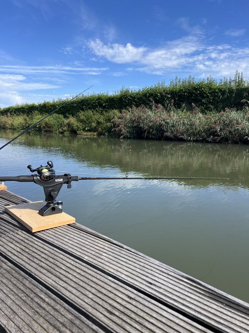 A baitcasting rod and reel rest on a wooden mount at the edge of a wooden dock, casting out over calm water toward a lush green embankment under a bright blue sky—perfect "office" conditions for soaking up vitamin D while waiting for a bite.