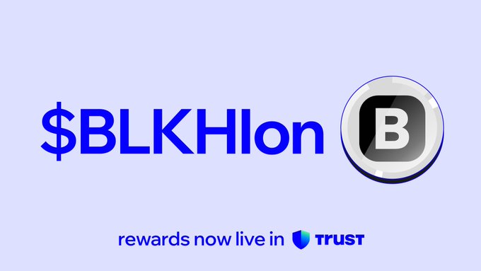 The image displays the text "$BLKHIn" in large blue font next to a circular black and white "B" logo, with "rewards now live in 🛡️ trust" written below. It serves as a promotional graphic for BlackHIn token rewards that are now available through Trust Wallet, aligning with the post's announcement of Trust Wallet's role as a launch partner for Ondo's OIP investment portfolios.