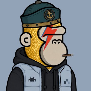 A Bored Ape-style NFT character wears a sailor cap with an anchor emblem, has a red lightning bolt across its face, smokes a cigar, and wears a hoodie with a space invader and pixel design.