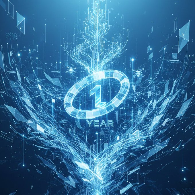 A futuristic, digital graphic features the number "1" inside a glowing ring with the word "YEAR" below it, set against a complex blue background of technological lines, particles, and circuit-like structures.