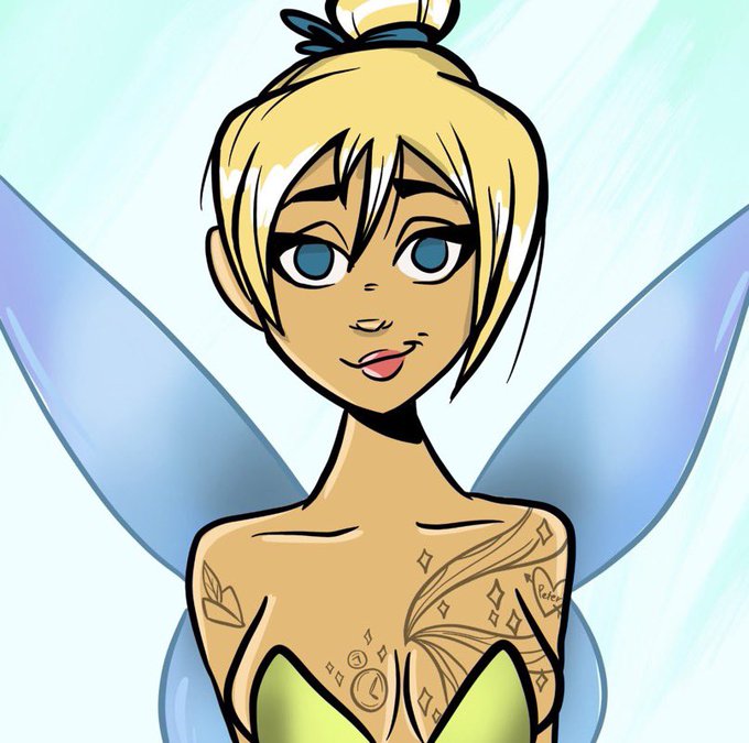 A digital illustration depicts a blonde, fair-skinned fairy with blue wings sticking her tongue out, featuring tattoos on her chest including a "Cedric" heart and "EE" symbols.