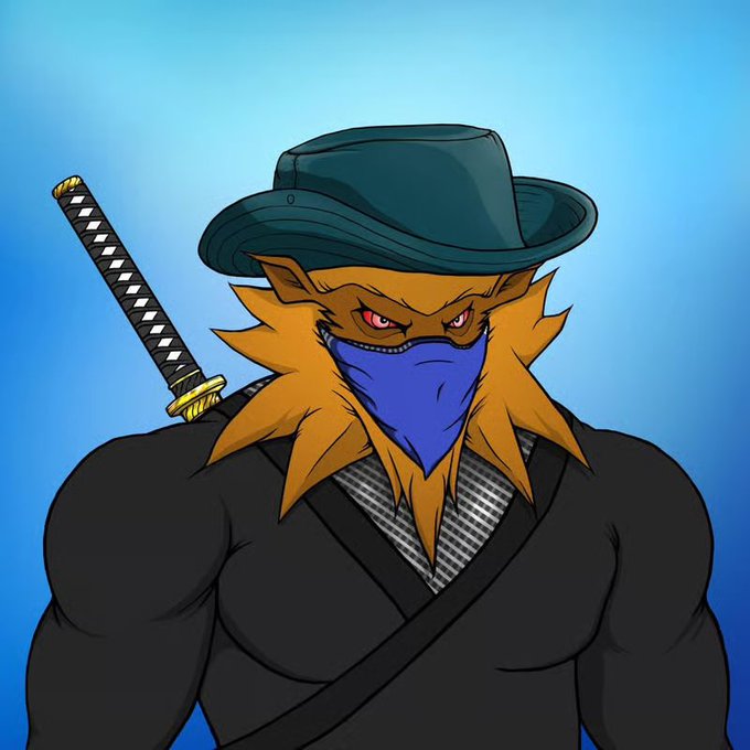 An anime-style illustration of a muscular anthropomorphic character with orange fur, wearing a green hat, blue bandana, and black gi, with a katana strapped to his back.