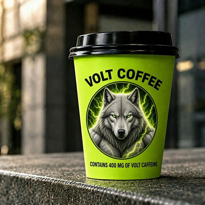 A neon green disposable coffee cup labeled 'VOLT COFFEE' features a fierce wolf illustration surrounded by green lightning bolts, with text stating 'CONTAINS 400 MG OF VOLT CAFFEINE.'