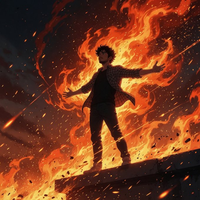 The image features a man standing on top of a building, surrounded by flames. The fire appears to be burning intensely behind him, creating an intense atmosphere. The man's arms are raised high above his head as if he is embracing the fiery surroundings or perhaps celebrating something. The post also mentions that this week has been "Another week, another grind!".
