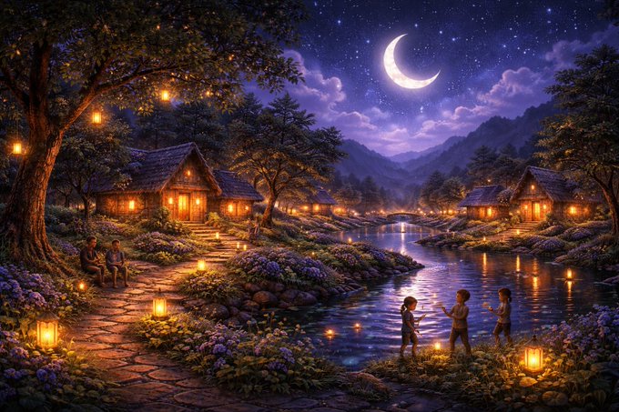 A fantasy digital illustration of a serene nighttime village with glowing lanterns, cozy cottages, children playing by a stream, and a crescent moon over the mountains.
