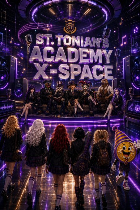 A promotional poster for "ST. TONIAN'S ACADEMY X-SPACE" featuring students in school uniforms facing a panel of unique characters on a stage with purple lighting and musical notes.