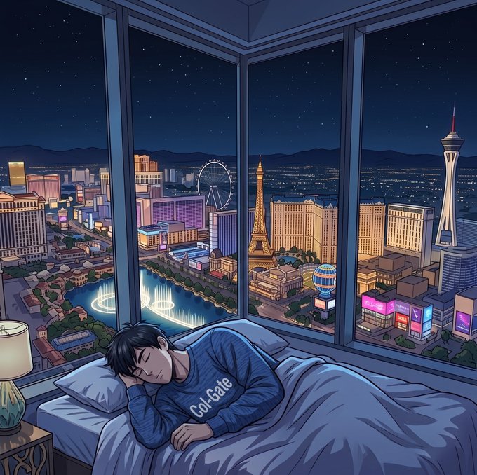 An anime-style illustration of a person sleeping in bed wearing a shirt that says 'Col-Gate' with a panoramic night view of the Las Vegas Strip visible through large windows behind them.