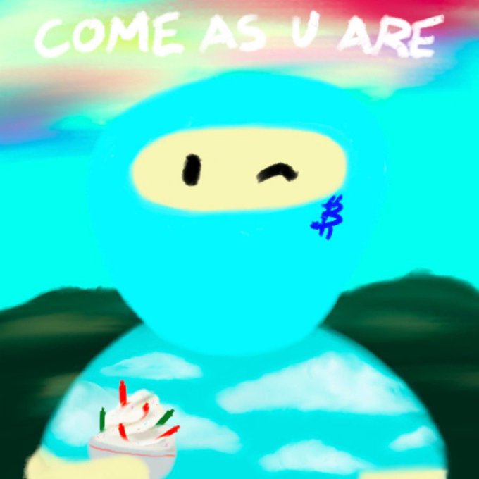 A digital illustration of a blue, rounded character with a winking expression, holding a cupcake, with the text 'COME AS U ARE' written above against a pastel sky background.