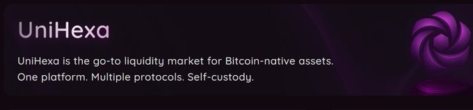 A dark purple banner ad for UniHexa, describing it as 'the go-to liquidity market for Bitcoin-native assets. One platform. Multiple protocols. Self-custody.'