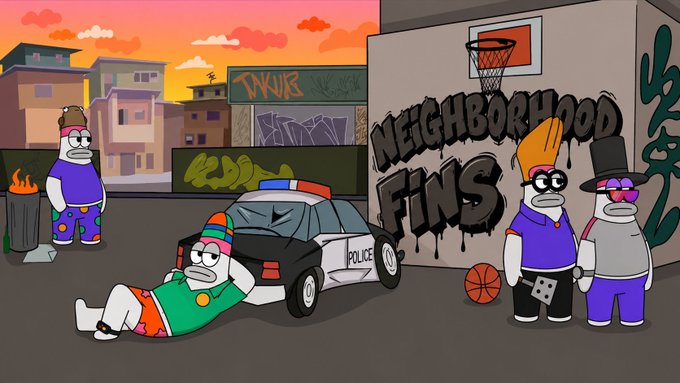 A 2D animated scene showing anthropomorphic fish characters in a 'Neighborhood Fins' setting with a police car, graffiti, and a basketball hoop.