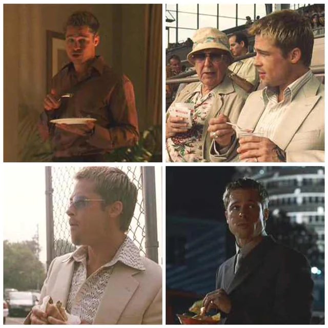 A collage of four scenes from the movie Ocean's Eleven, featuring Brad Pitt in various settings including eating, sitting with an older man at a race track, standing by a chain-link fence, and in a dark room.